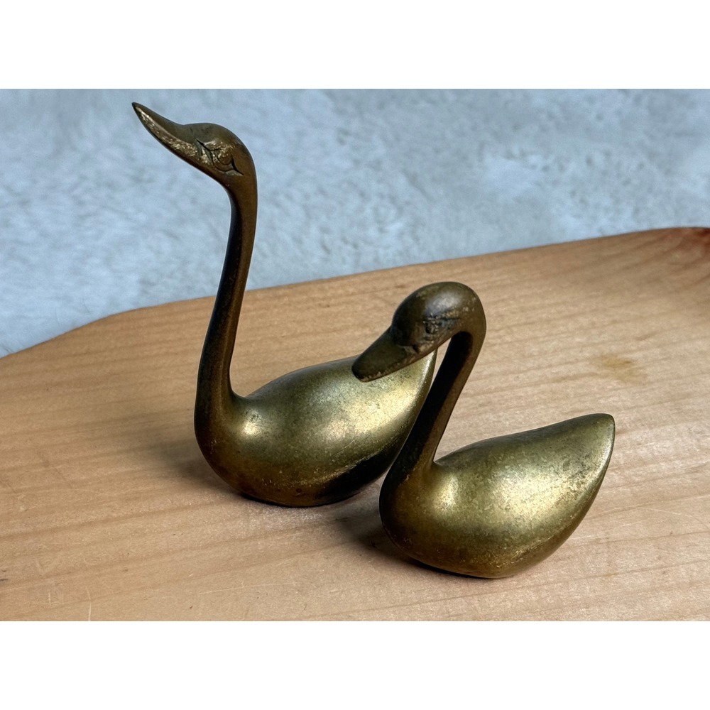 Vintage Solid Brass Swan Figurines Pair Made in Korea MCM Decor Animal Statues